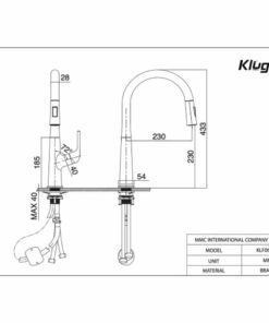 Kích thước vòi rửa bát nóng lạnh Kluger KLF0002B có dây rút