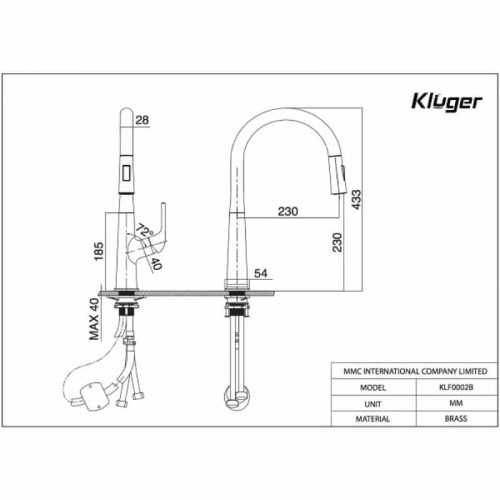 Kích thước vòi rửa bát nóng lạnh Kluger KLF0002B có dây rút