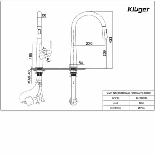 Kích thước vòi rửa bát nóng lạnh Kluger KLF0002C có dây rút