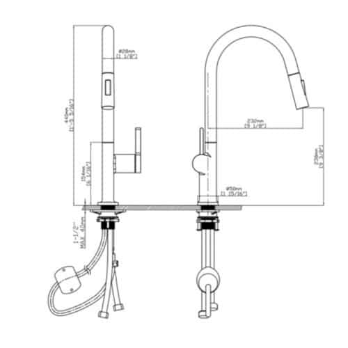 Kích thước vòi rửa bát nóng lạnh Kluger KLF0003C có dây rút