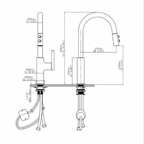 Kích thước vòi rửa bát nóng lạnh Kluger KLF0005B có dây rút