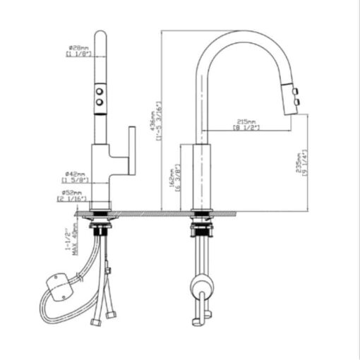 Kích thước vòi rửa bát nóng lạnh Kluger KLF0005C có dây rút