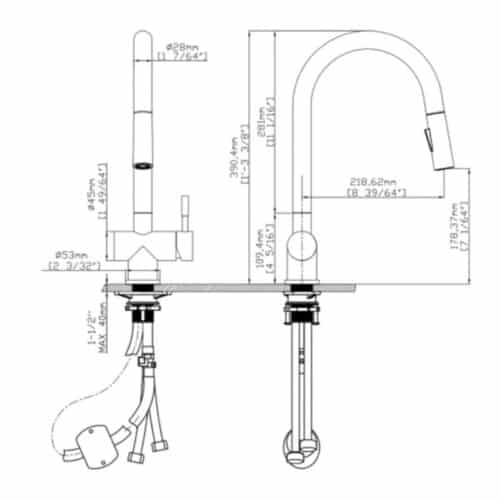 Kích thước vòi rửa bát nóng lạnh Kluger KLF0008B có dây rút