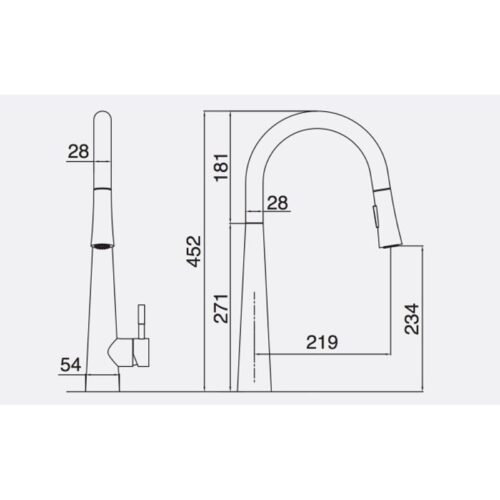 Kích thước vòi rửa bát nóng lạnh Kluger KLF0009C có dây rút