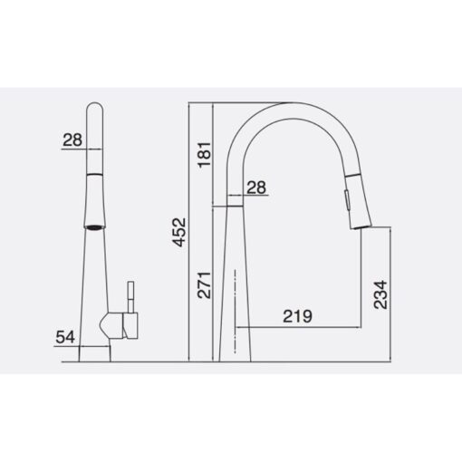Kích thước vòi rửa bát nóng lạnh Kluger KLF0009C có dây rút