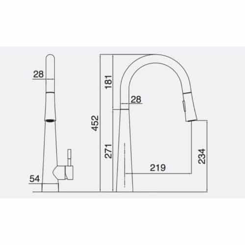 Kích thước vòi rửa bát nóng lạnh Kluger KLF0009S có dây rút