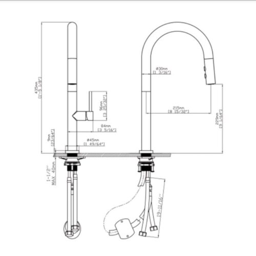 Kích thước vòi rửa bát nóng lạnh Kluger KLF0010B có dây rút