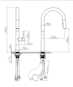 Kích thước vòi rửa bát nóng lạnh Kluger KLF0010C có dây rút