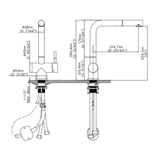 Kích thước vòi rửa bát nóng lạnh Kluger KLF0013C có dây rút