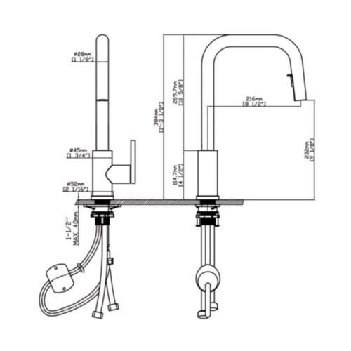 Kích thước vòi rửa bát nóng lạnh Kluger KLF0015C có dây rút