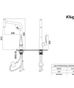 Kích thước vòi rửa bát nóng lạnh Kluger KLF0016C có dây rút