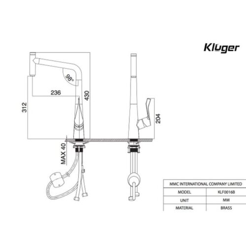 Kích thước vòi rửa bát nóng lạnh Kluger KLF0016C có dây rút