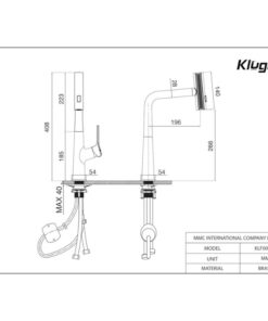 Kích thước vòi rửa bát nóng lạnh Kluger KLF0018B có dây rút