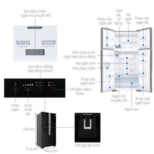 Bảng điều khiển tủ lạnh 4 cánh Inverter 540 lít Hitachi FW690PGV7X GBK