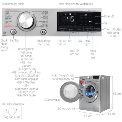 Chi tiết máy giặt sấy LG giặt 9 kg - sấy 5 kg FV1409G4V