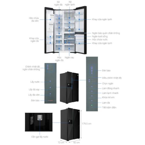 Chi tiết tủ lạnh 3 cánh side by side 569 lít Hitachi MX800GVGV0 GBK