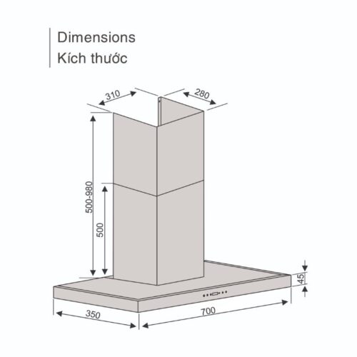 Kích thước máy hút áp tường Lorca TA 6007TM-70