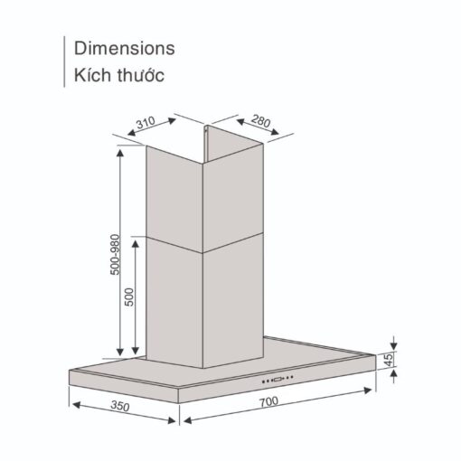 Kích thước máy hút áp tường Lorca TA 6007TM-70