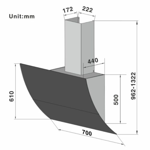 Kích thước máy hút áp tường Lorca TA 6008CM-70