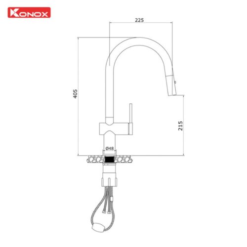 Kích thước vòi rửa bát nóng lạnh Konox Comfor Chrome có dây rút