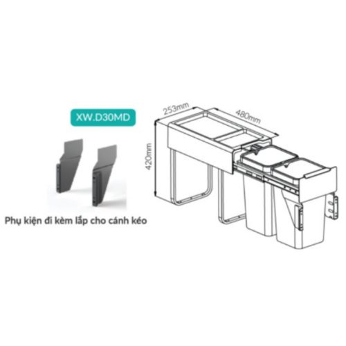 Ảnh thùng rác đôi gắn cánh kéo âm tủ GrandX XW.D30MD