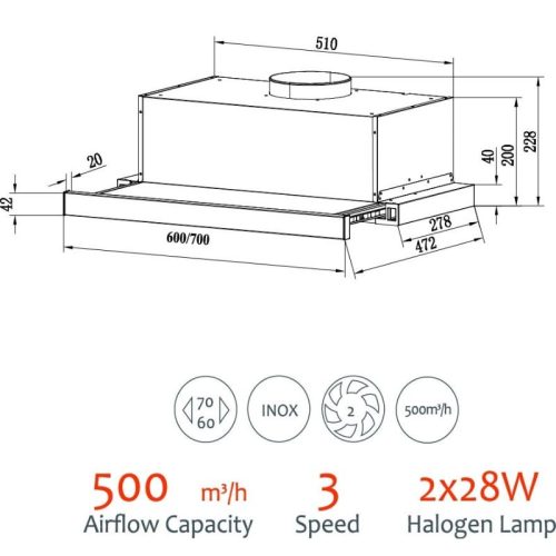 Máy hút mùi âm tủ Tomate TOM 1151-70 5 kich thuoc may hut mui am tu tomate tom 1151 70