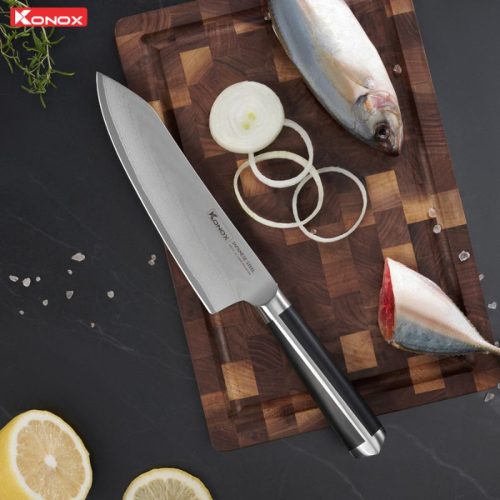 Hình ảnh dao thép Nhật Konox Damascus Eiko Series 7″ Deba Knife