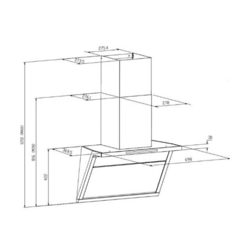 Máy hút mùi áp tường GrandX GX H70T88G 5 kich thuoc may hut mui ap tuong grandx gx h70t88g