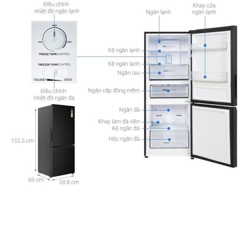 kich thuoc tu lanh 2 canh ngan da duoi inverter 260 lit aqua aqr b310ma fb