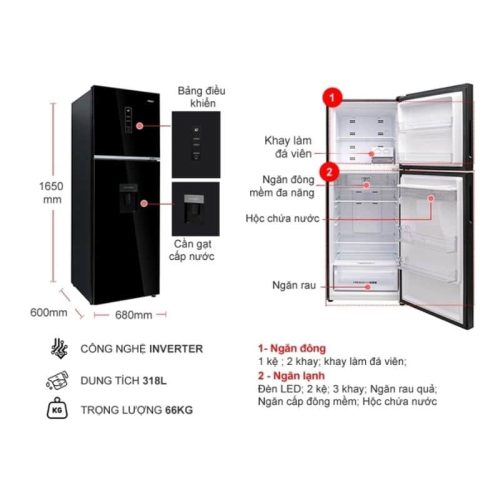 Tủ lạnh 2 cánh ngăn đá trên Inverter 318 lít Aqua AQR-T369FA(WGB) 7 kich thuoc tu lanh 2 canh ngan da tren inverter 318 lit aqua aqr t369fa wgb