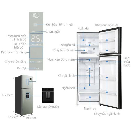 Tủ lạnh 2 cánh ngăn đá trên Inverter 347 lít Aqua AQR-T390FA(WGM) 7 kich thuoc tu lanh 2 canh ngan da tren inverter 347 lit aqua aqr t390fa wgm