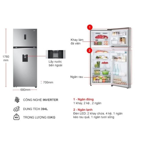 ben trong tu lanh 2 canh inverter 394 lit lg gn d392psa