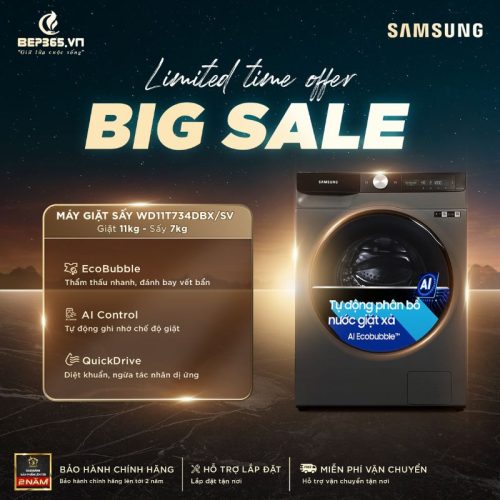 Máy Giặt Sấy Samsung Inverter AI Giặt 11 Kg - Sấy 7 Kg WD11T734DBX/SV