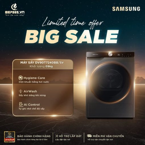 Máy Sấy Bơm Nhiệt Samsung AI Inverter 9 Kg DV90T7240BB/SV
