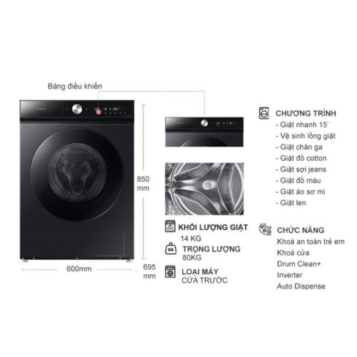 kich thuoc may giat samsung bespoke ai inverter 14 kg ww14bb944dgbsv cua truoc