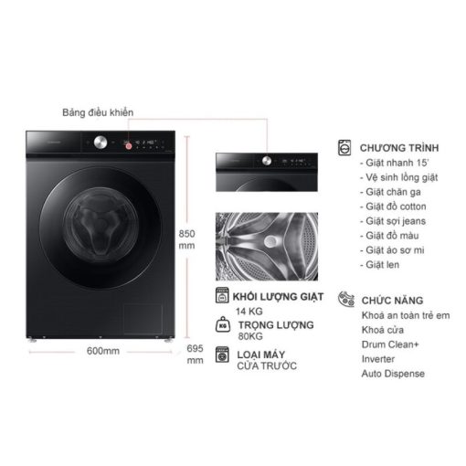 Máy Giặt Samsung Bespoke AI Inverter 14 kg WW14BB944DGBSV cửa trước - Ảnh 5