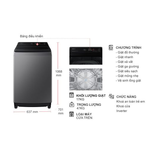 Máy Giặt Samsung Ecobubble Inverter 17 kg WA17CG6442BDSV cửa trên - Ảnh 4