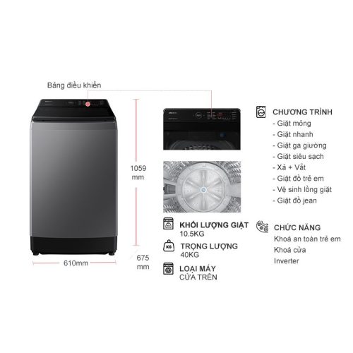 kich thuoc may giat samsung inverter 10 5 kg wa10cg5745bdsv cua tren