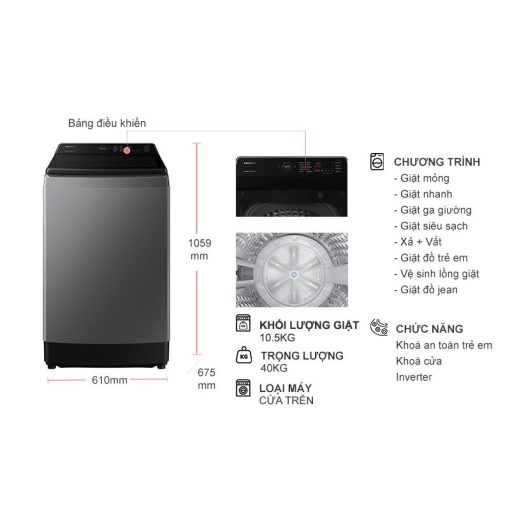 Máy giặt Samsung Inverter 10.5 kg WA10CG5745BDSV cửa trên - Ảnh 4