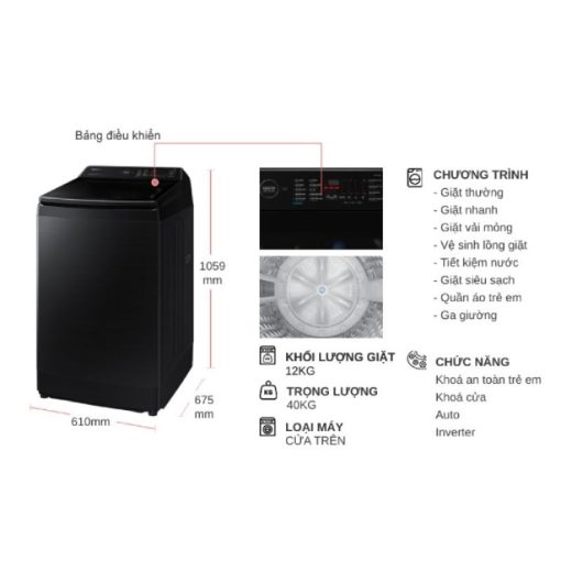 Máy Giặt Samsung Inverter 12 kg WA12CG5745BVSV cửa trên - Ảnh 4
