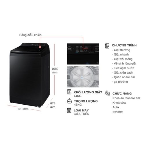 kich thuoc may giat samsung inverter 14 kg wa14cg5745bvsv cua tren