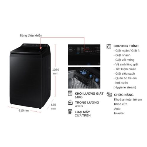 kich thuoc may giat samsung inverter 14 kg wa14cg5886bvsv cua tren