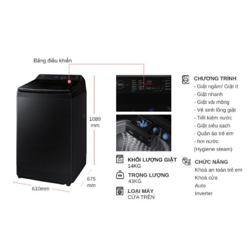 Máy Giặt Samsung Inverter 14 kg WA14CG5886BVSV cửa trên - Ảnh 4