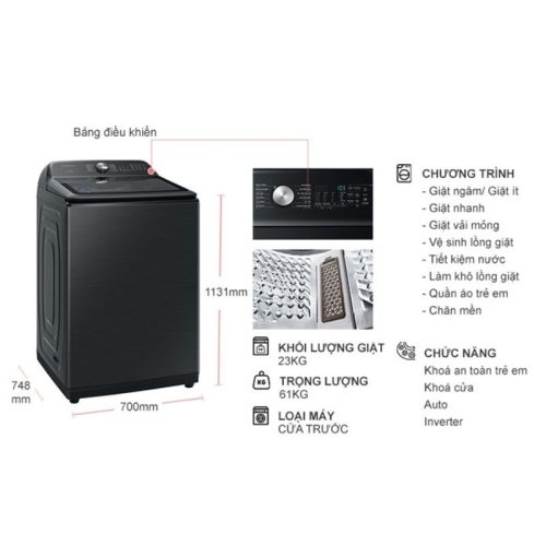 Máy Giặt Samsung Inverter 23 Kg WA23A8377GV cửa trên 9 kich thuoc may giat samsung inverter 23 kg wa23a8377gv cua tren