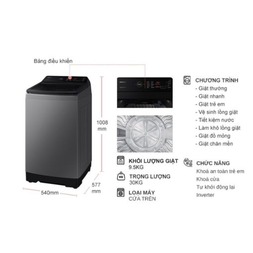Máy Giặt Samsung Inverter 9.5 kg WA95CG4545BDSV cửa trên - Ảnh 4
