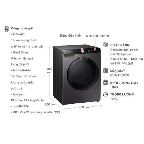 kich thuoc may giat say samsung inverter ai giat 11 kg say 7 kg wd11t734dbx sv