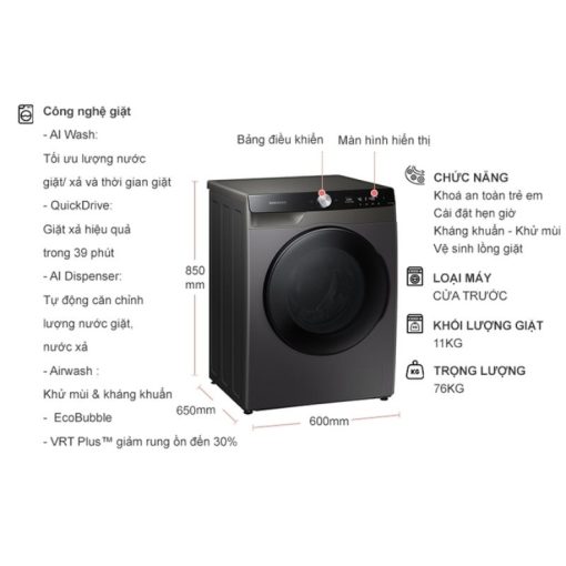 Máy Giặt Sấy Samsung Inverter AI Giặt 11 Kg - Sấy 7 Kg WD11T734DBX/SV - Ảnh 5