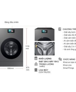 kich thuoc may giat say samsung inverter giat 25 kg say 15 kg wd25db8995bzsv