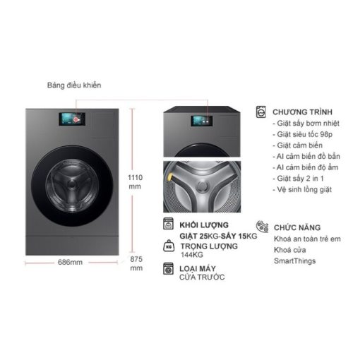 kich thuoc may giat say samsung inverter giat 25 kg say 15 kg wd25db8995bzsv