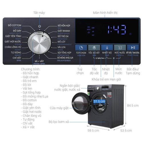 Máy giặt Sharp Inverter 9 kg ES-FM90CB-SB 7 kich thuoc may giat sharp inverter 9 kg es fm90cb sb